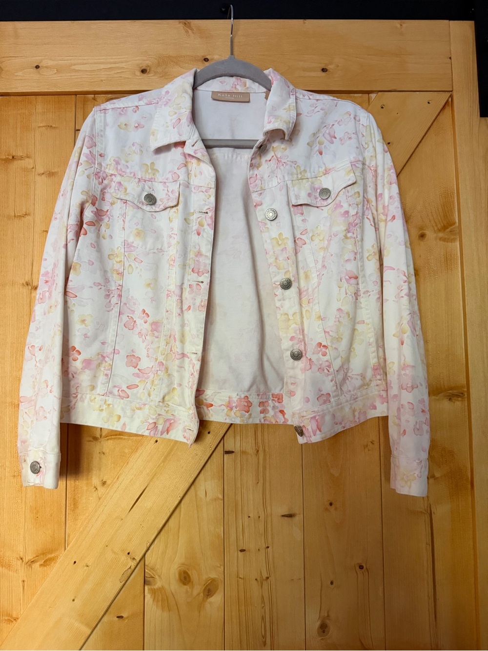 Kate Hill Petite‎ Floral Denim Trucker Jacket Pastel Pink Yellow Size 8P